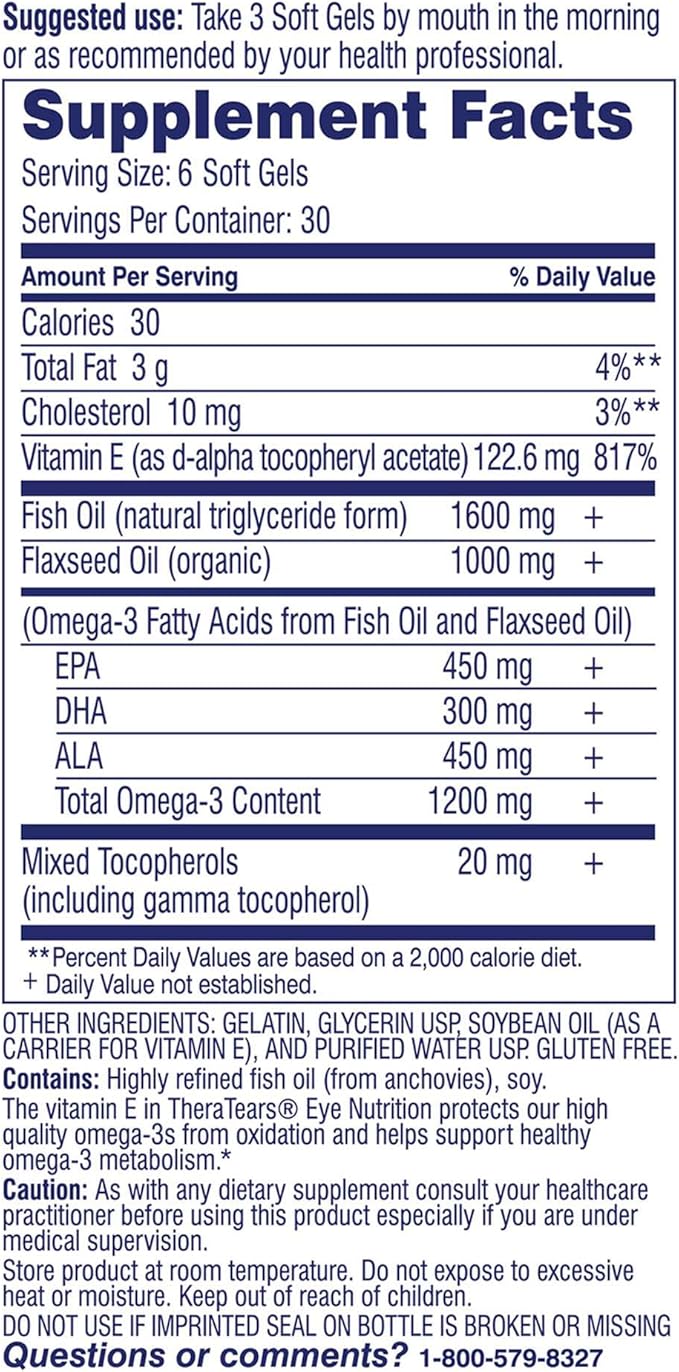 TheraTears Omega 3 Supplement for Eye Care, 1200mg Fish Oil and Organic Flaxseed Oil with Vitamin E, 180 Count