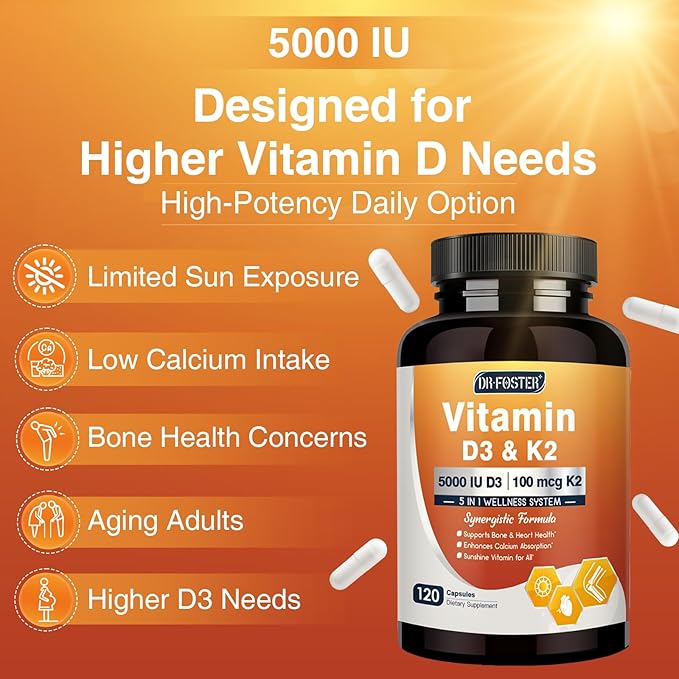 DRFOSTER Vitamin D3 K2, 5000 IU Vitamin D3 Plus 100 mcg of Vitamin K Supplements for Adults for Heart & Bone Health Support, 120 Capsules