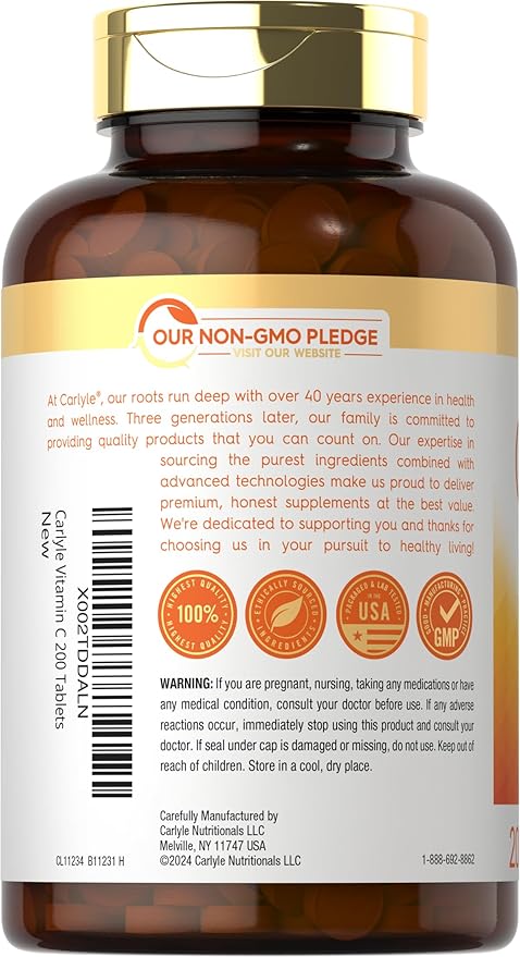 Carlyle Vitamin C 500mg | with Rose Hips | 200 Tablets | High Potency Formula | Vegetarian, Non-GMO, Gluten Free Supplement