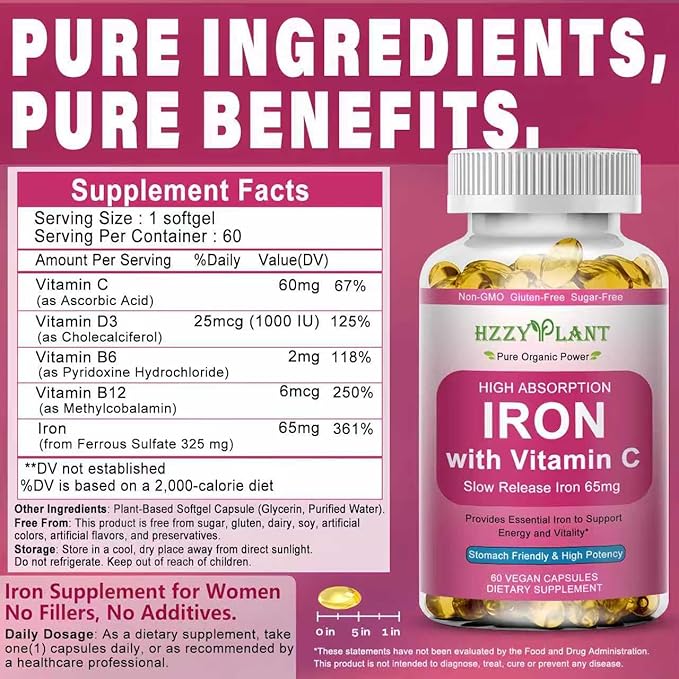 Iron Supplement for Women - High Absorption Iron Supplement with Vitamins C for Iron Level & Energy Support - Stomach Friendly Iron Softgels - Vegan | Non-GMO | Gluten Free | 60 Days Supply