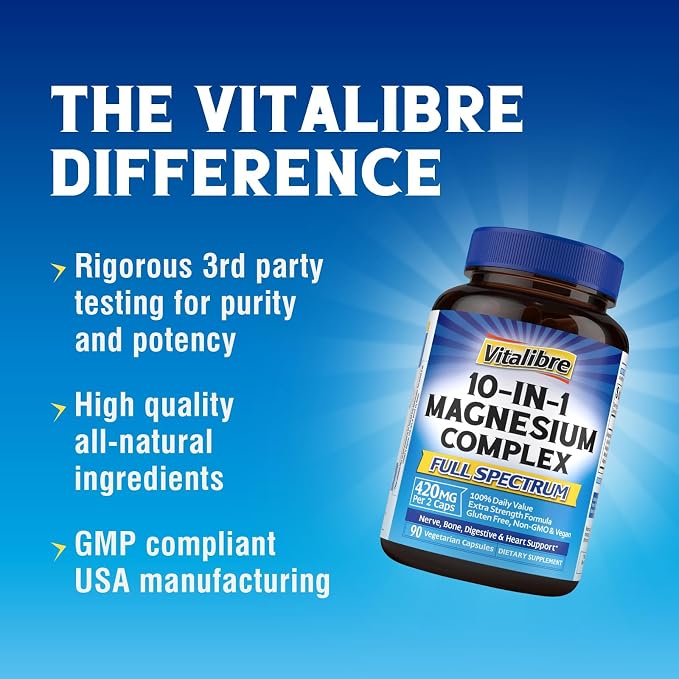 Vitalibre 10 in 1 Magnesium Complex, 420mg Elemental Magnesium | Ultra Strength, Max Absorption | Chelated Magnesium Supplement for Nerves, Bone & Heart Health | Non-GMO, 90 Vegan Capsules