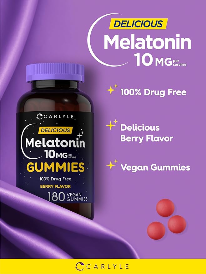 Carlyle Melatonin Gummies 10mg | 180 Count | Adult Drug Free Aid | Berry Flavor | Vegan, Non-GMO, Gluten Free Supplement