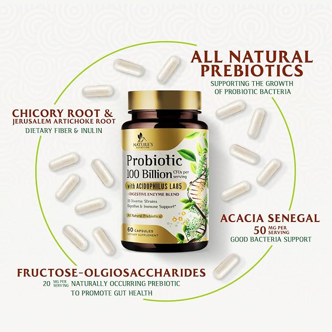 Probiotics 100 Billion CFU per Serving - 10 Strains & Prebiotics - Digestive Health, Gut & Immune Support - Supports Occasional Constipation, Gas & Bloating - Shelf Stable Bottled USA - 60 Capsules