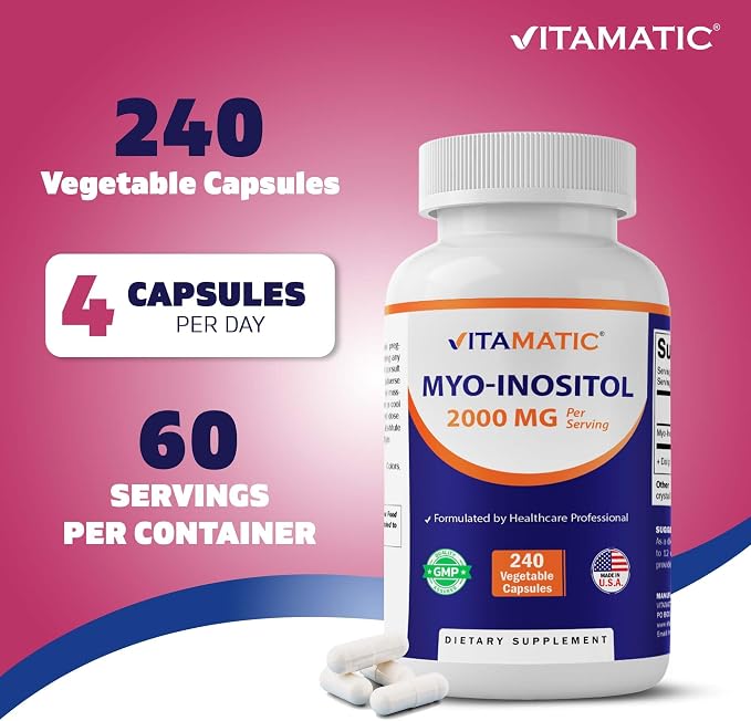 Vitamatic Myo-Inositol 2000 mg Per Serving – 240 Vegetable Capsules – 60 Servings – Non-GMO, Gluten Free – Made in USA