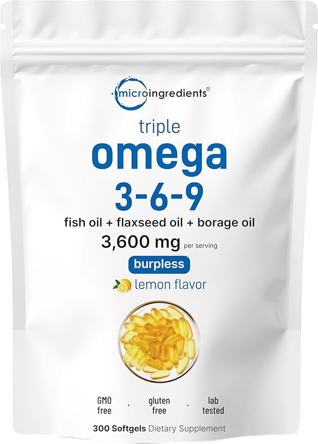 Ultra Omega 3-6-9 3600mg Per Serving, 300 Burpless Softgels | Lemon Flavor – Blend of Fish, Flaxseed, Borage Oils | Bioavailable Source, Non-GMO, No Gluten, Mercury Free