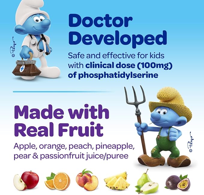 The Smurfs Nootropic Gummies for Kids with Vitamin B12 & L-Theanine | Laser Focus Gummy for Focus and Memory Supplements | Made with Real Fruit in a Smurf Berry | Doctor Developed | 60 Vegan Gummies