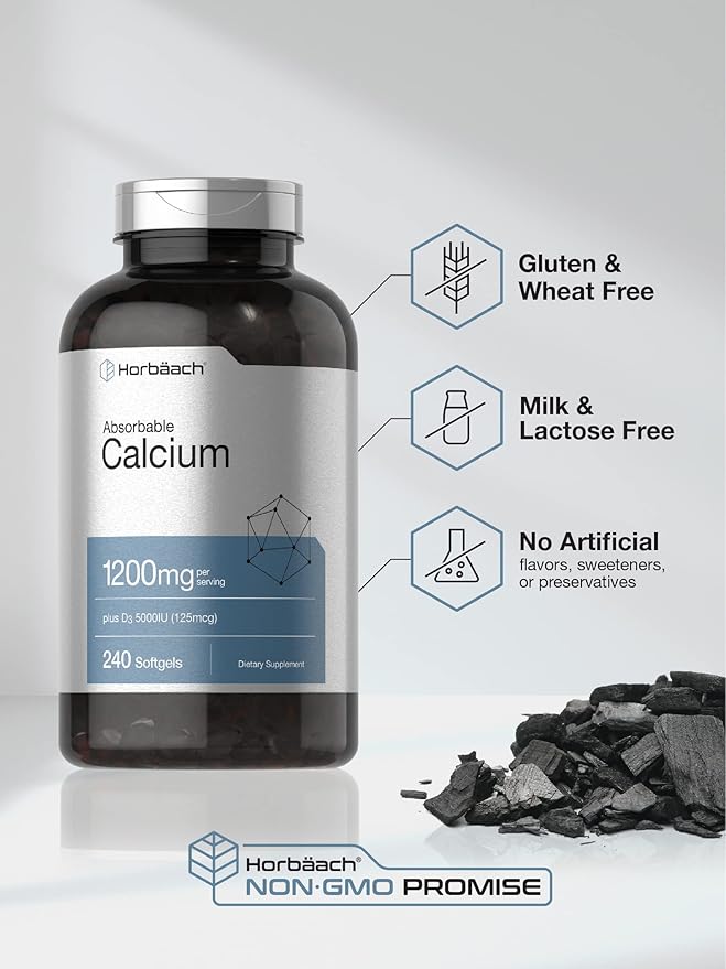 Horbäach Calcium 1200 mg with Vitamin D3 | 240 Softgels | 5000 IU Vitamin D3 | Absorbable Calcium Supplement for Women and Men | Non-GMO, Gluten Free