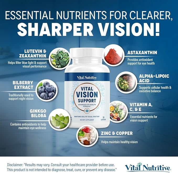 Vital Vision Support – Eye Health Supplement with Vitamin A, Lutein, Beta Carotene & Antioxidants – Eye Vitamins Support Hydration & Oxidative Stress -30 Days Serving