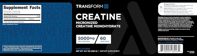 TransformHQ Creatine Monohydrate Powder (60 Servings) Unflavored - 5000mg Per Serving