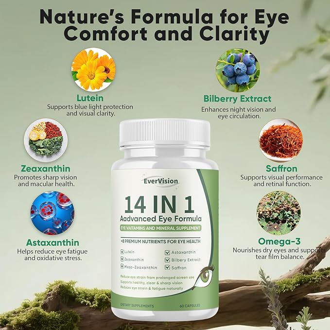 Evervision 14 in 1 Advanced Eye Formula, Neurobella Eye Vitamin and Mineral Supplement with Zinc, Lutein, Zeaxanthin & Bilberry Extract, 60 Capsules (1)