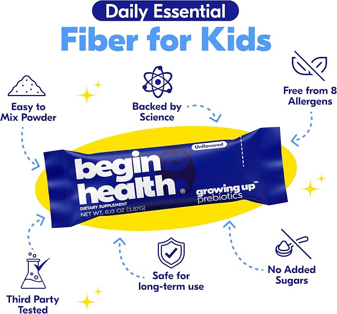 Begin Health Growing Up Prebiotics for Kids 84-Packs | Prebiotic Soluble Powder Stool Softeners and Digestive Gut Health Supplement | Ideal to Mix with Kids Daily Beverages and Soft Foods - Unflavored