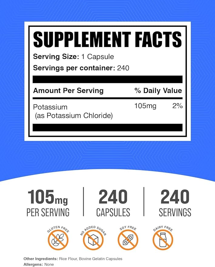 BulkSupplements.com Potassium Chloride Capsules - Mineral Supplement - Gluten Free, 105mg of Potassium, 1 Capsule per Serving, 240 Capsules (Pack of 1)