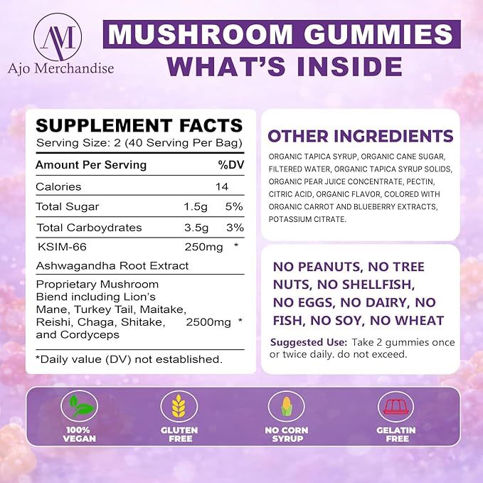 Mushroom Gummies with Ashwagandha, Lion’s Mane, Reishi, Cordyceps, Turkey Tail, Maitake, Shiitake & Chaga, Vegan Mushroom Supplement Gummy, Gluten Free, Mixed Fruit Flavor, 80 Count