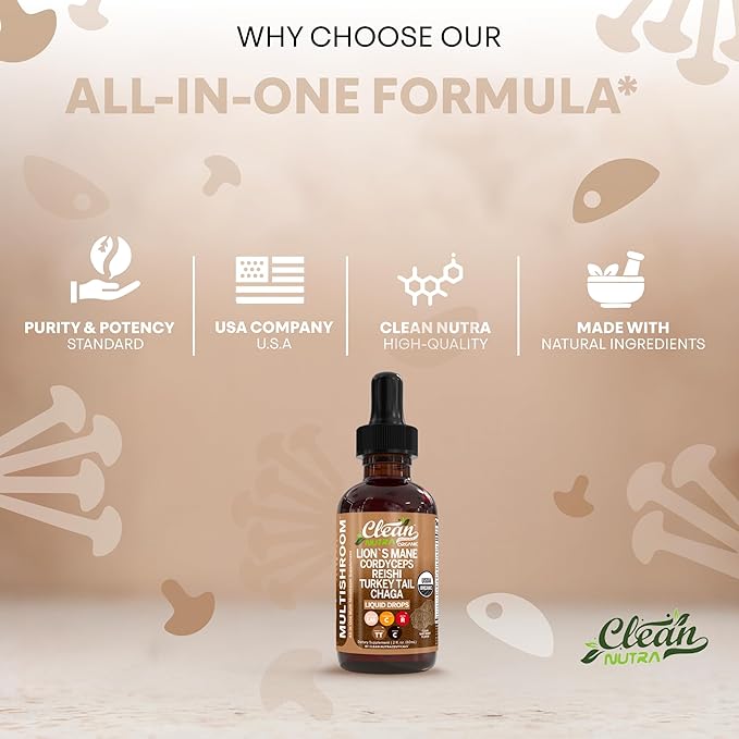 Mushroom Supplement Liquid Drops with Lions Mane Turkey Tail Cordyceps Reishi Chaga Shitake Maitake Tremella Oyster Mushrooms Poria Supplement and Enokitake Mushrooms Complex Blend By Clean Nutra