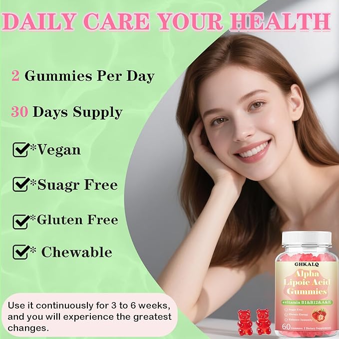 Alpha Lipoic Acid Gummies 1000Mg with Vitamin B1,B12&A,E,ALA Supplement,Provide Energy&Enhance Immunity,Liposomal Enhance Absorption,Sugar Free,Strawberry Flavor,60 Gummies