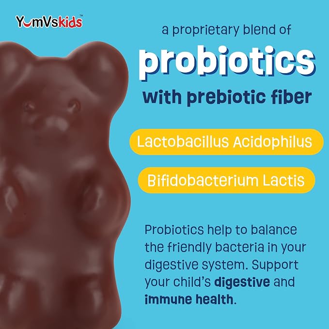 YUM-V'S Probiotics for Kids Chocolate Bears – Kids Probiotic Supplement with 1 Billion CFU – Prebiotic High Fiber Supplements for Digestive Support – Sugar-Free Melt-in-Mouth – 60 Count, Pack of 2