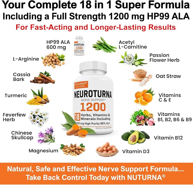 Neuropathy Support Supplement with 1200 mg HP-99 Alpha Lipoic Acid - Max Strength ALA Nerve Formula for Feet Hands Fingers Legs - Ultra Potent 18 in 1 Natural Nerve Vitamins - 180 Capsules