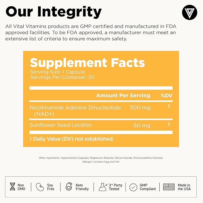Vital Vitamins NAD Supplement - NAD+ (Nicotinamide Adenine Dinucleotide) for Men & Women - Made with Liposomal Delivery - Cellular Anti-Aging Support, Energy, Focus - 30-Day Supply