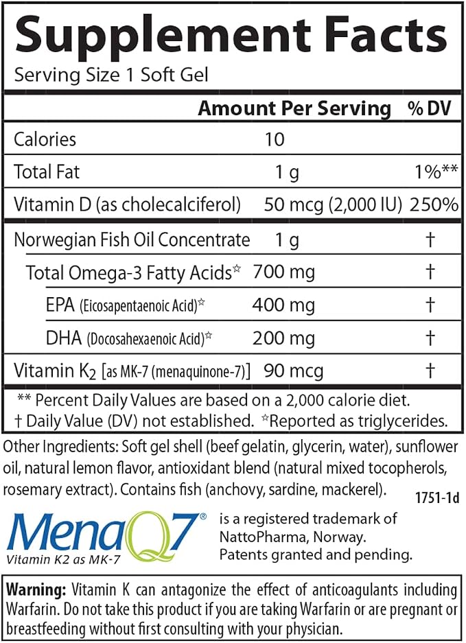 Carlson - Elite Omega-3 Plus D & K, 700 mg Omega-3s + D3 & K2, Function, Bone Health & Immune Support, Lemon, 60 Softgels