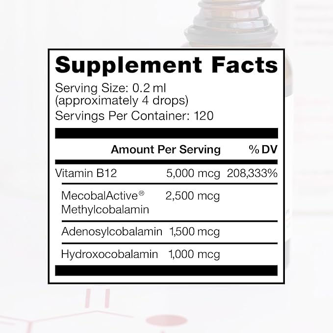BioActive B12 Full Spectrum Vegan Methylated Vitamin B12 Sublingual Liquid Methylcobalamin, Hydroxocobalamin & Adenosylcobalamin 1,250 mcg per Drop (4 Drops = 5,000mcg / 4 Month Supply) 20 ml