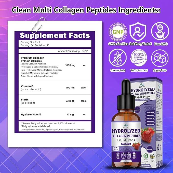Multi Collagen Peptides Liquid Drop w. Types I II III V X Hyaluronic Acid Vitamin C Biotin for Joint, Skin, Hair & Nail Health, Hydrolyzed Liquid Collagen High Absorption for Women Men Grass Fed