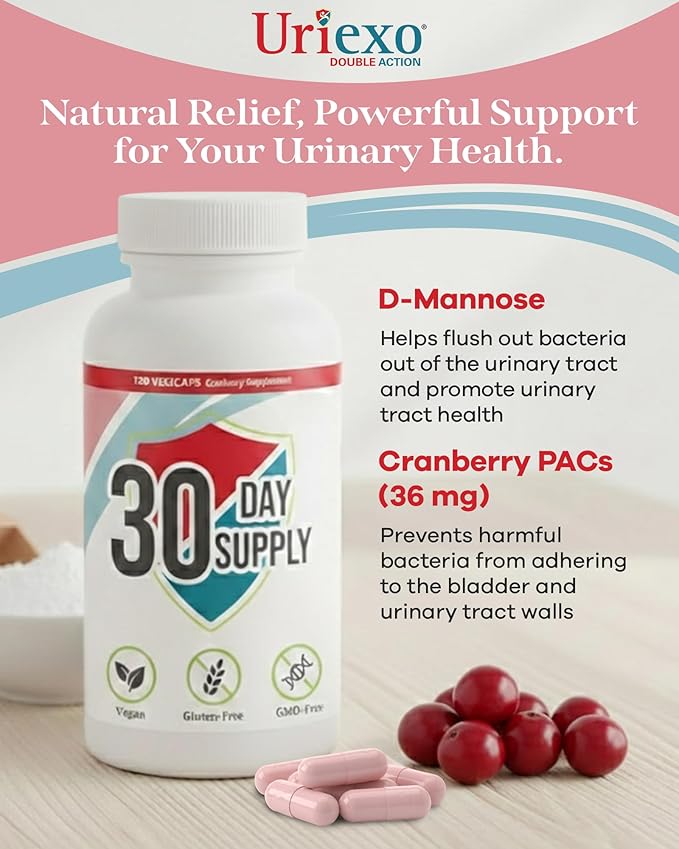 Uriexo Double Action Support Cranberry Pills - Urinary Tract Health Supplement with 36mg Proanthocyanidins PACs & 2000mg D-Mannose, Capsules for Men & Women, Non-Antibiotic Formula, 30 Day Supply