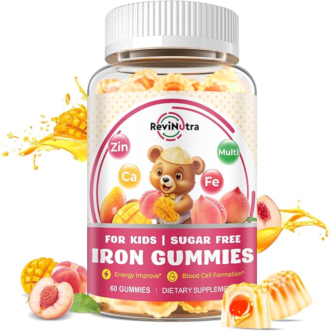 Iron Supplement Gummies for Kids - with Calcium, Zinc, Kids Multivitamin with Iron Gummies - Immune Support, Blood Builder & Energy Support for Iron Deficiency, Anemia, Peach & Mango Flavor, 60 Count