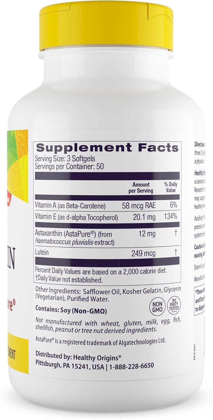 Healthy Origins Astaxanthin 4 mg, 150 Softgels - AstaPure Clinically Studied Algae - Supports Joint & Immune Health, Healthy Skin, Antioxidant for Cellular Protection & Eye Support