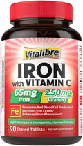 Iron Supplement, 65mg Carbonyl Iron with 250mg Vitamin C, Stomach Friendly Iron Pills for Blood Building Women & Men, High Absorption, No Nausea, No Constipation, Non-GMO, No Gluten, 90 Vegan Tabs
