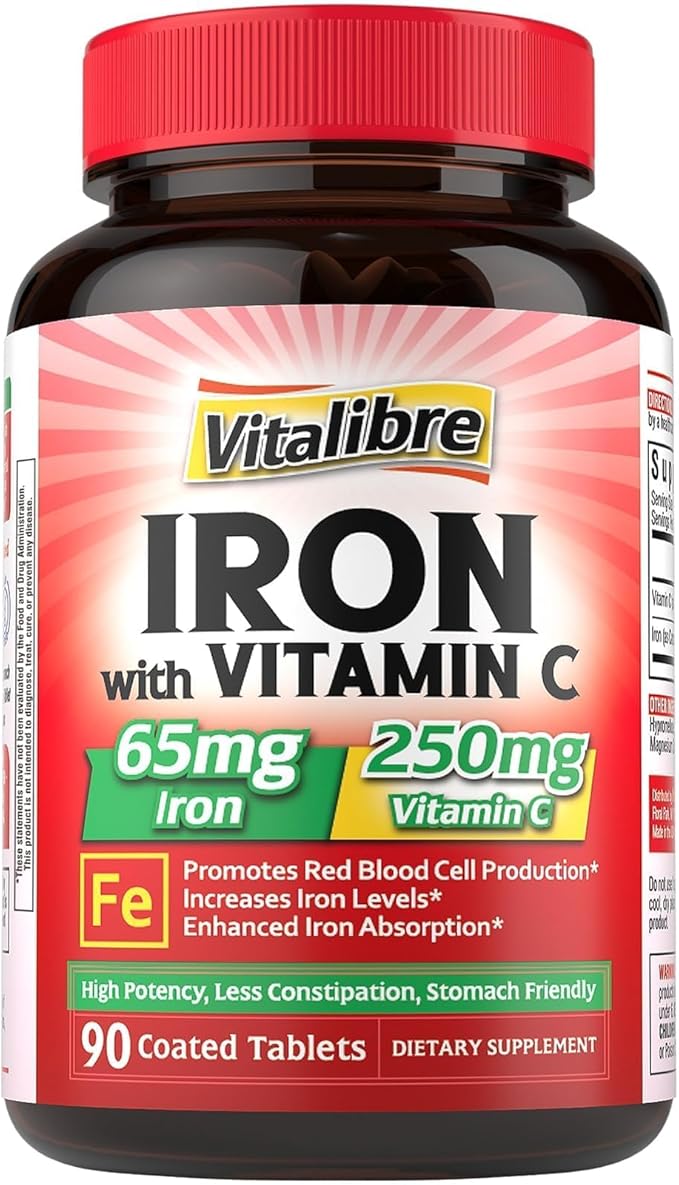 Iron Supplement, 65mg Carbonyl Iron with 250mg Vitamin C, Stomach Friendly Iron Pills for Blood Building Women & Men, High Absorption, No Nausea, No Constipation, Non-GMO, No Gluten, 90 Vegan Tabs