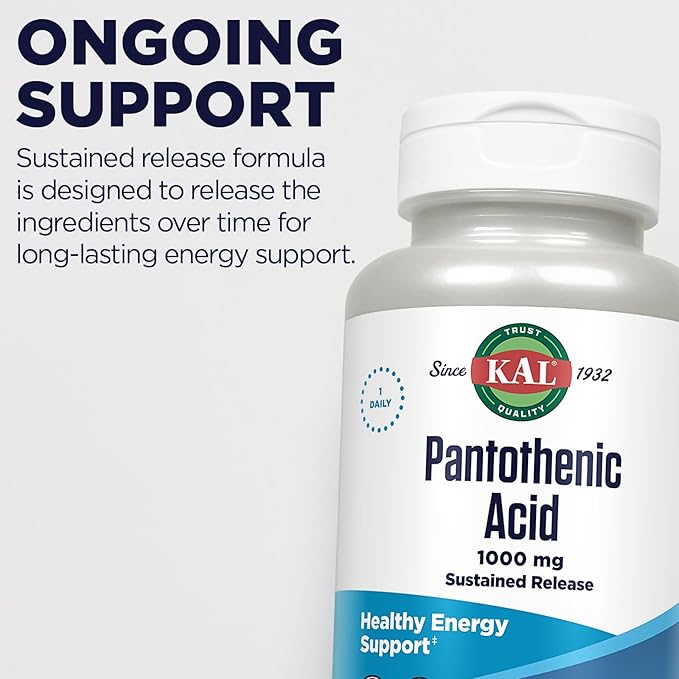 KAL Pantothenic Acid 1000mg Supplement for Men & Women - Vitamin B5 1000 mg, Supports Cellular Energy Metabolism, Nerve Function, Sustained Release, Vegan - 100 Tablets