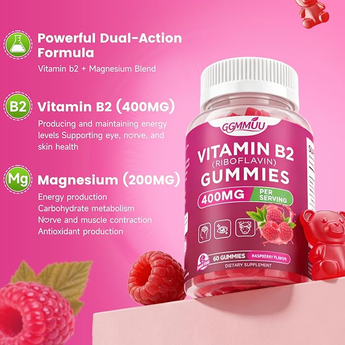2 Pack Vitamin B2 Gummies Riboflavin 400mg Supplement with Magnesium for Kids & Adults B2 Gummies for Nervous System Support & Skin Health, Raspberry Flavor, 120 Count