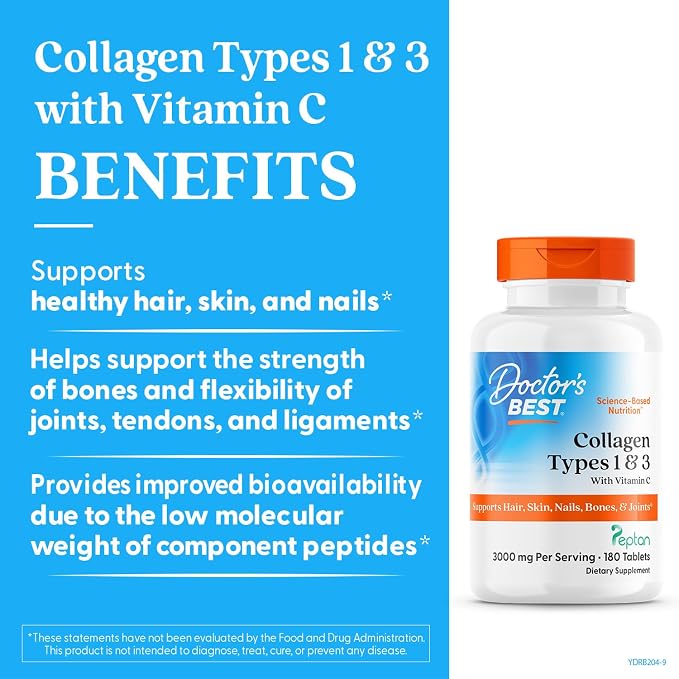 Doctor's Best Collagen Peptides Types 1 & 3 - Collagen Supplement for Women & Men, Supports Hair, Skin, Nails, & Joint Health, Includes 30 mg Vitamin C & 3 g Protein Per Serving, Non GMO - 180 Tablets