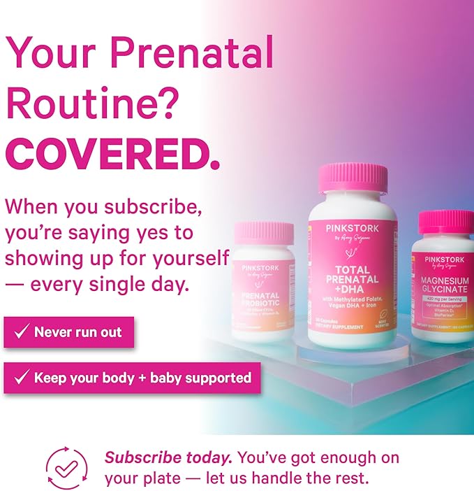 Pink Stork Total Prenatal Vitamins for Women | DHA, Folate, Iron, Choline, & Vitamin B12 | Preconception Nutrition | Prenatals for Women, Pregnancy Essentials | Doctor Formulated, 60 Count, Mint