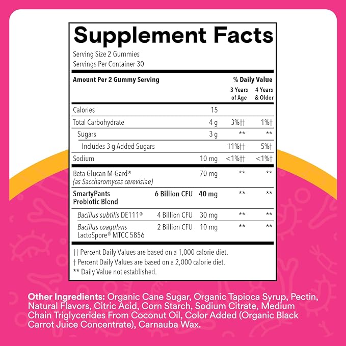 SmartyPants Kids Probiotic & Prebiotic Gummies for Digestive Health: Gut Health Supplement, Clinically Studied Prebiotic for Immune Support, Strawberry, 60 Count (30 Day Supply)