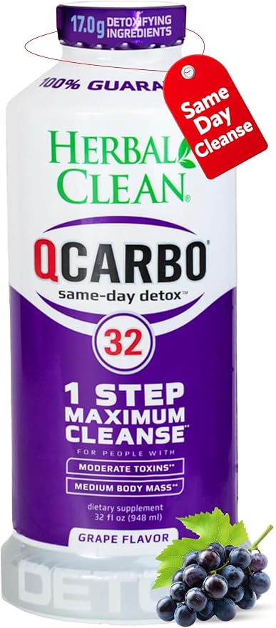 Herbal Clean Qcarbo32 Same Day Detox Cleanse Drink (32 fl oz) - Grape Flavor Full Body Cleanse* Detox Drink for Moderate Toxin Level*, Vitamin B2 and Vitamin B12 for Men & Women
