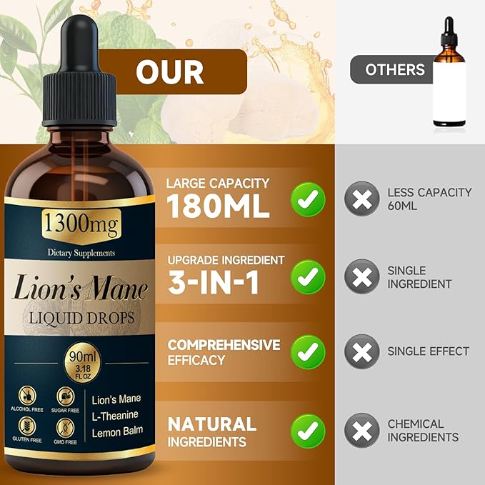2 Pack*90ml Lions Mane Liquid Drops Organic Mushrooms Supplement with L-Theanine Lemon Balm Lion's Mane Extract Drop for Adults Brain Support for Memory Focus Clarity Free of Alcohol Sugar Tasteless