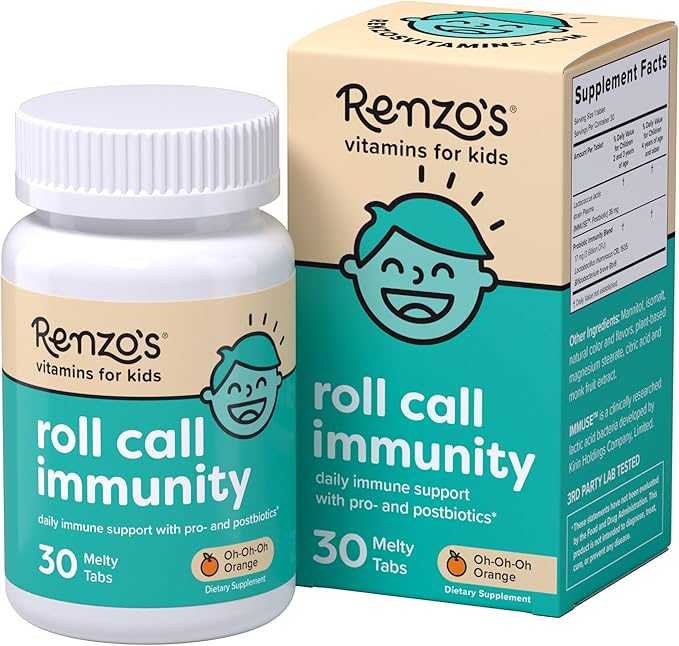 Renzo's Roll Call Immunity - Dissolvable Kids Immune Support Supplement with IMMUSE Postbiotic, Sugar-Free Kids Vitamins, 30 Orange-Flavored Melty Tabs