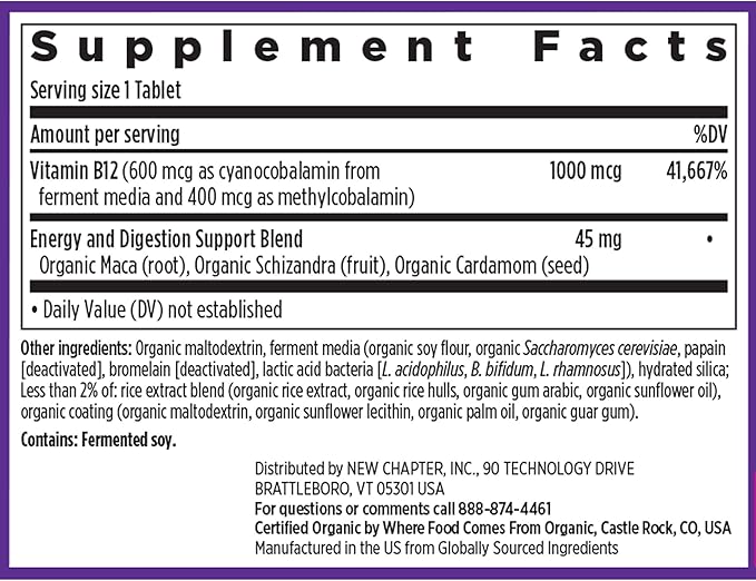 New Chapter Fermented Vitamin B12 1,000 mcg,USDA Organic,Daily for Cellular Energy + Healthy Blood Cells,Certified Vegan,Gluten Free -,60 Count (Pack of 2)