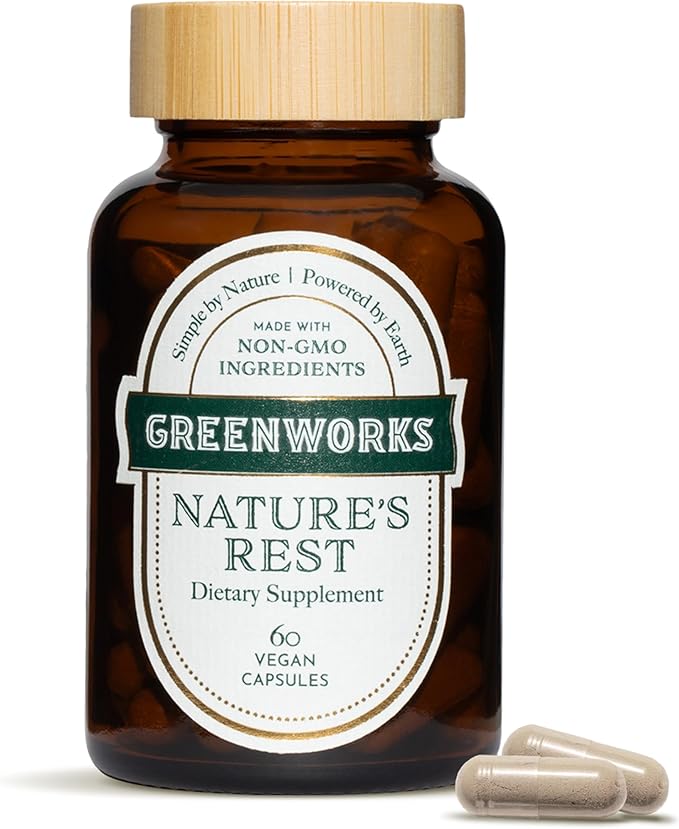 Greenworks Nature's Rest Melatonin-Free Sleep Aid, Organic Herbal Blend with Ashwagandha, Valerian, Chamomile & Passionflower, Non-Habit Forming Vegan Capsules for Restful Sleep, 60 Count
