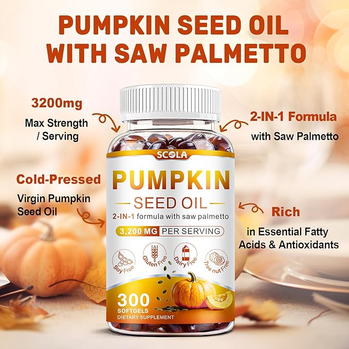 SCOLA Pumpkin Seed Oil with Saw Palmetto,3200mg/Serving,Cold-Pressed with Essential Fatty Acids & Phytosterols,Supports Hair, Immune,Bladder & Prostate Health,Non-GMO (300 Softgels)
