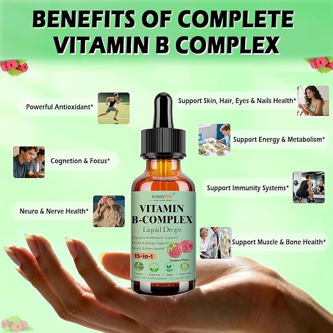 2 Pack Vitamin B Complex Liquid Drops for Women Men & Kids, 15-in-1 VIT B Complex with Vitamin C B12 B6 B1 Niacin Folate Magnesium for Brain Nerve Neuropathy Energy Mood, Sublingual B-Complex Drops