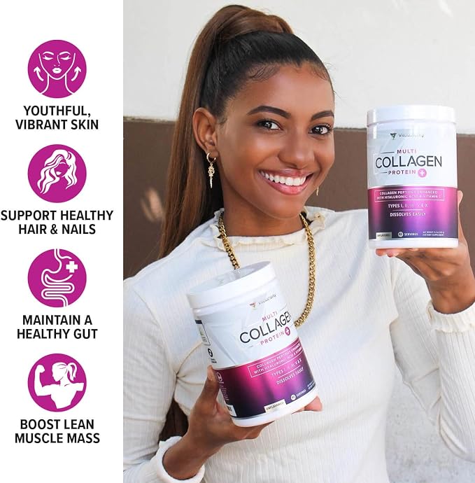Multi Collagen Peptides Powder for Women - Hydrolyzed Flavored Collagen Powder for Women with Types I II III V & X Vitamin C & Hyaluronic Acid for Hair Skin and Nails (Strawberry) - 30 Servings