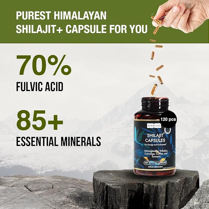 Organic Himalayan Shilajit Resin Extract with Ashwagandha & Turmeric-400mg Max Potency, Lab Tested Pure Shilajit for Men & Women, 85+ Trace Minerals, Immune Support, Energy, 2 Month Supply-120 Capsule