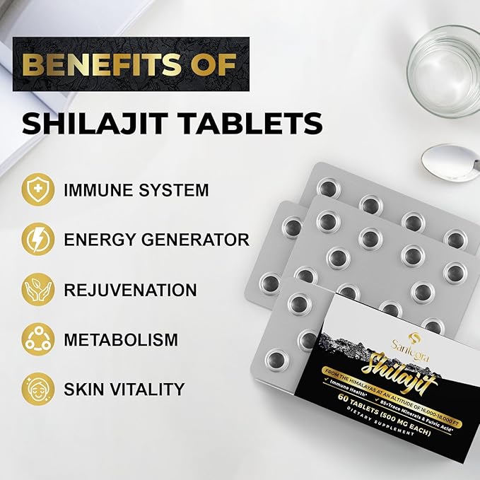 30,000 MG Shilajit Tablets, 100% Shilajit Pure Tablets for Women & Men, Himalayan Organic, Fulvic Acid & 85+ Trace Minerals, Resin Supplement for Energy and Immune System, 60 Counts