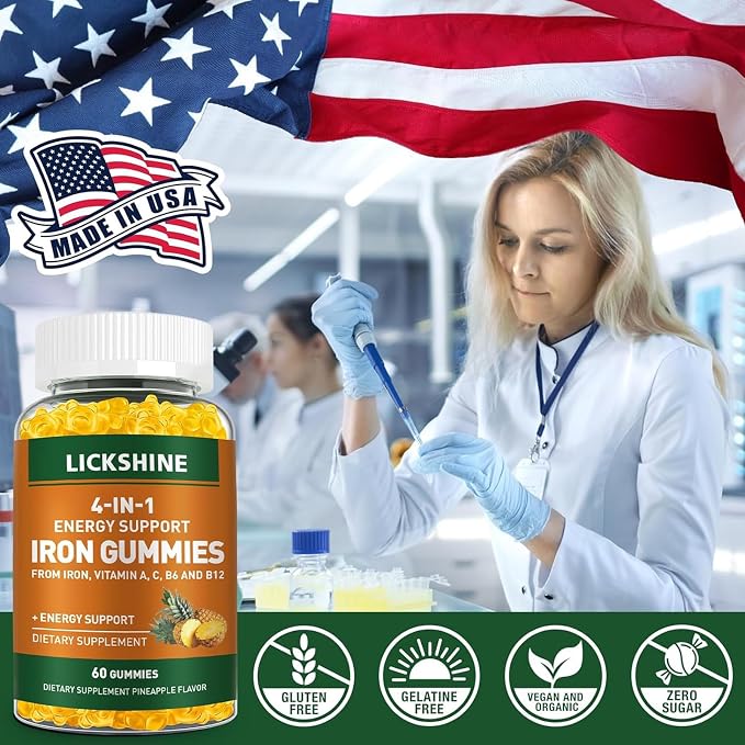 lickshine 2 Pack Vegan 100MG Iron Supplement Gummies for Women & Men - with Vitamin C, A, B for Adults & Kids - Energy Support for Iron Deficiency, Anemia - Pineapple Flavor (120 Ct)