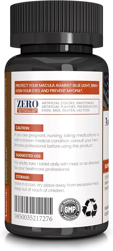 Advanced Lutein Eye Health Supplement - Enhanced with Zeaxanthin, Supports Vision & Eye Health - Non-GMO & Gluten Free - Natural Eye Vitamin Tablets - 60ct