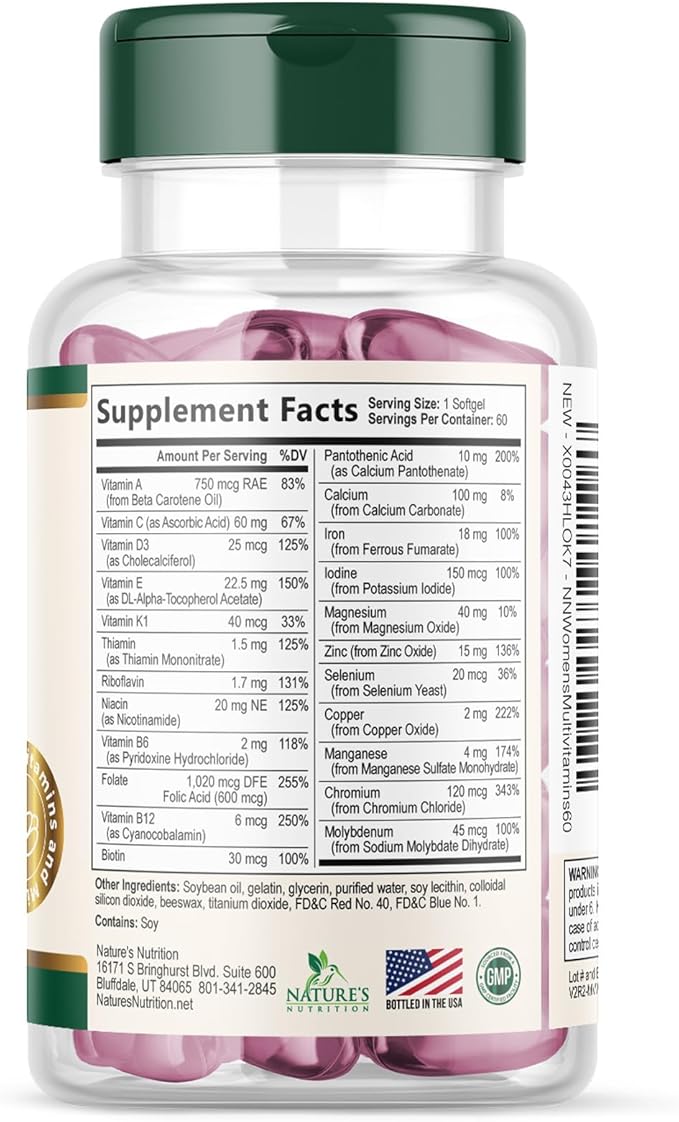 Multivitamin for Women - Essential Daily Womens Multivitamins with Calcium, Folic Acid, Vitamin A, C, D, E, B Vitamins, Zinc and Iron - Energy, Focus & Immune Support, Bottled In USA - 60 Softgels