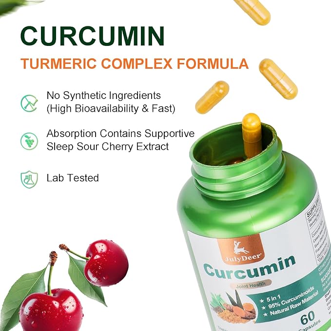 JulyDeer Curcumin Turmeric 95% with Celery Seed, Sour Cherry, Frankincense Extract, Glucosamine 5 in 1 Formula 95% Curcuminoid Natural Antioxidant Supplements Support to Joints and Immune Health