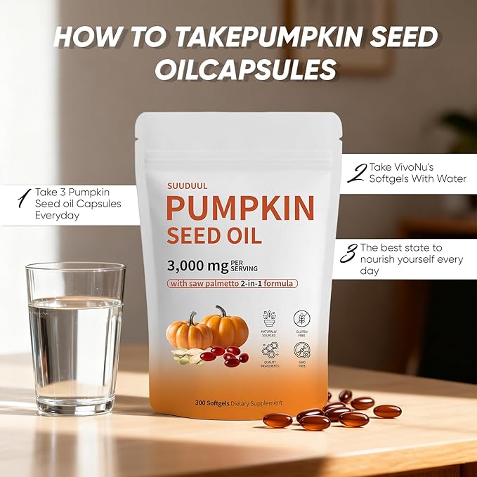 Pumpkin Seed Oil Capsules | 300 Softgels Pumpkin Seed Oil 2 in 1 with Saw Palmetto | Hair Growth＆Shedding Reduction | Plant-Based Formula | 3000mg Cold Pressed